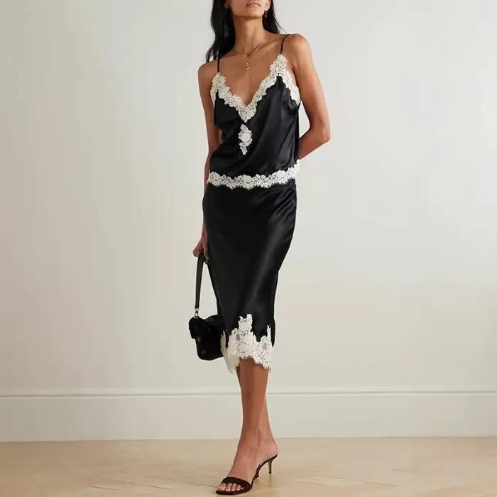 Ensemble pyjama deux pièces pour femme en satin sexy, comprenant une camisole à bretelles en dentell
