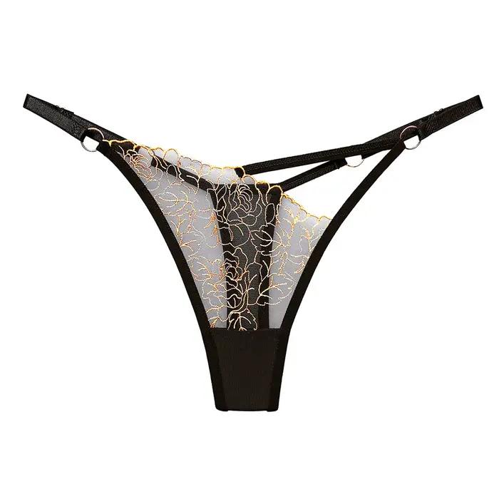 Sexy dentelle broderie tongs femmes G cordes culottes maille transparente sous-vêtements dames slips