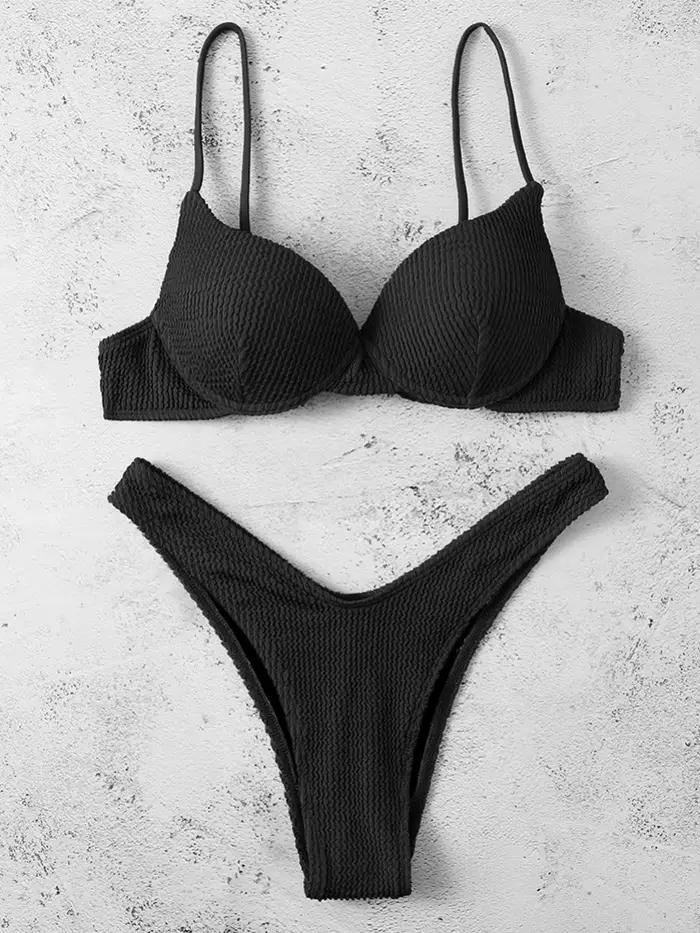 Sexy à armatures Bikini 2026 femmes noir côtelé Push Up soutien-gorge string maillot de bain brésili