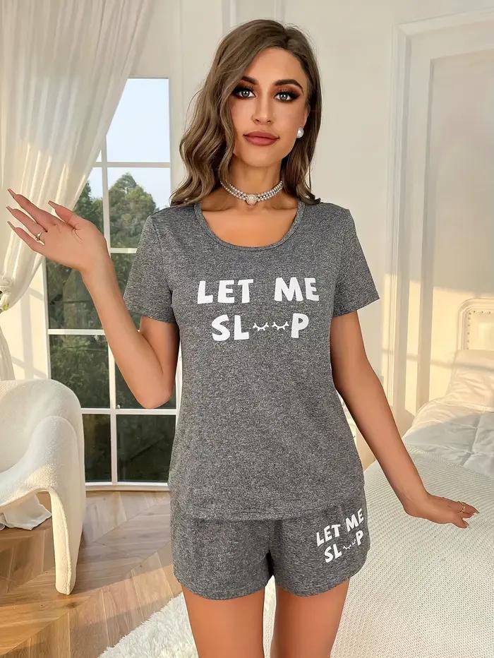 Ensemble pyjama 2 pièces avec lettres imprimées pour femmes, haut à manches courtes et Short, vêteme