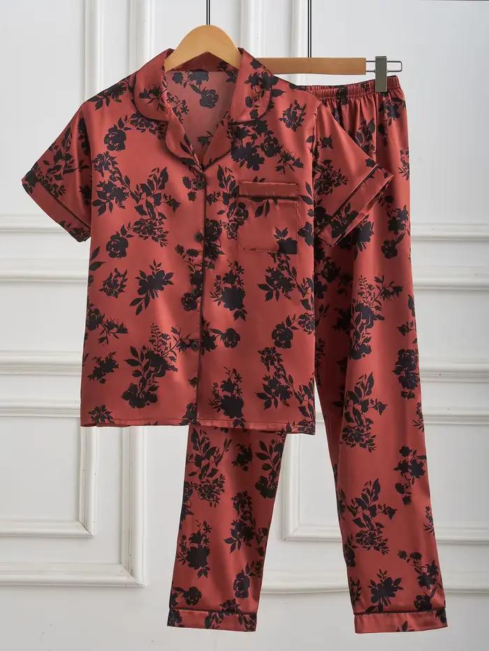 Ensemble pyjama en satin pour femmes, imprimé floral rouge et noir, haut à manches courtes et pantal