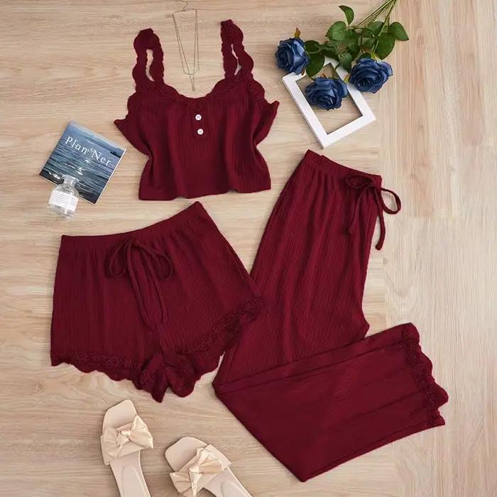 Ensemble de vêtements de nuit, robe de chambre, dentelle florale, col en V, sans manches, pantalon, 