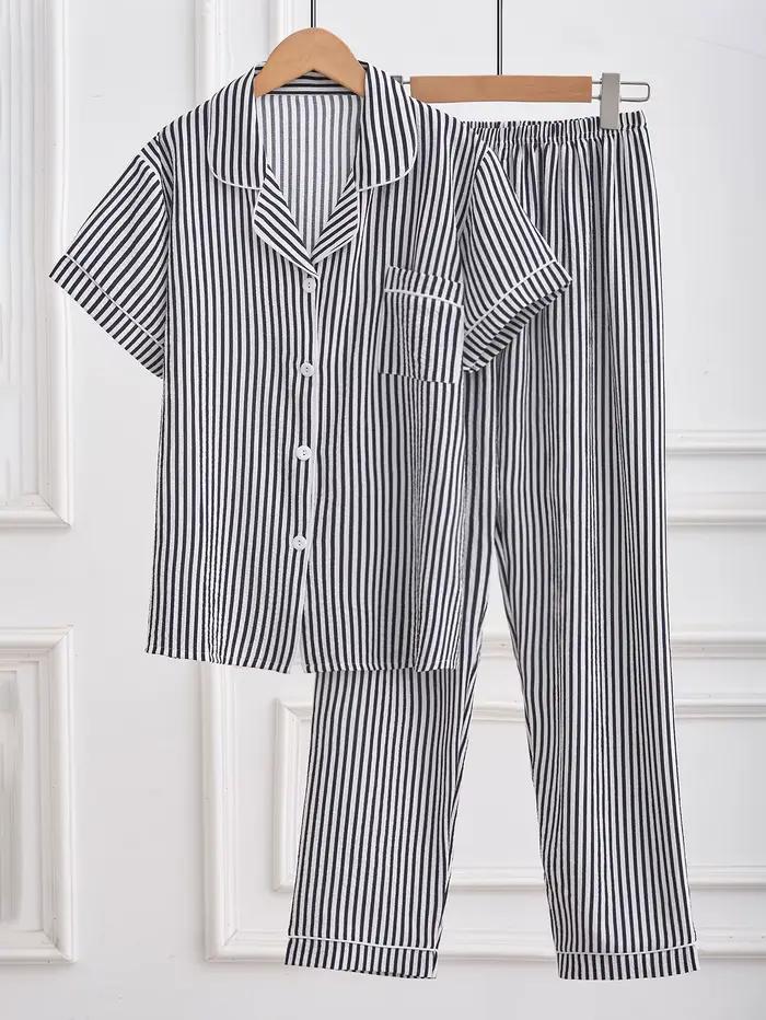 Ensemble de pyjama rayé pour femmes, 2 pièces, haut à manches courtes boutonné et pantalon long, vêt