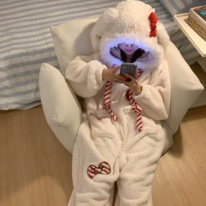 Pyjama une pièce en forme de lapin avec nœud doux et mignon pour femme, vêtement de nuit d'hiver en 