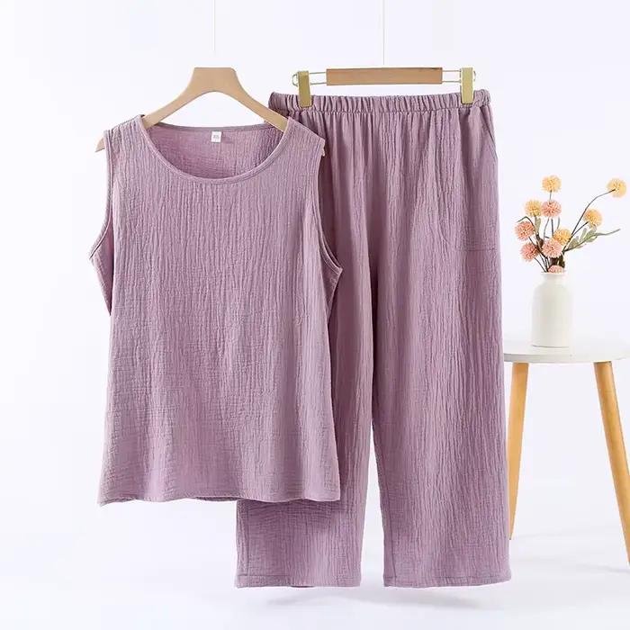 Costume d'été en gaze de coton pour femmes, pyjama sans manches, ensemble 2 pièces, vêtements de nui