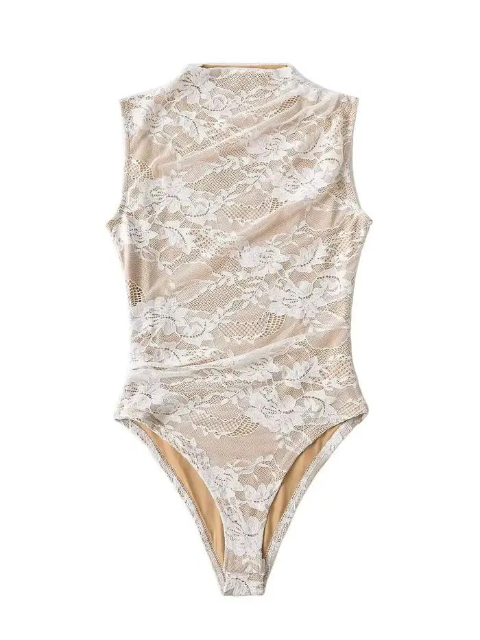2025 femmes été élégant Beige noir sans manches dentelle body dame de luxe de haute qualité rue moul