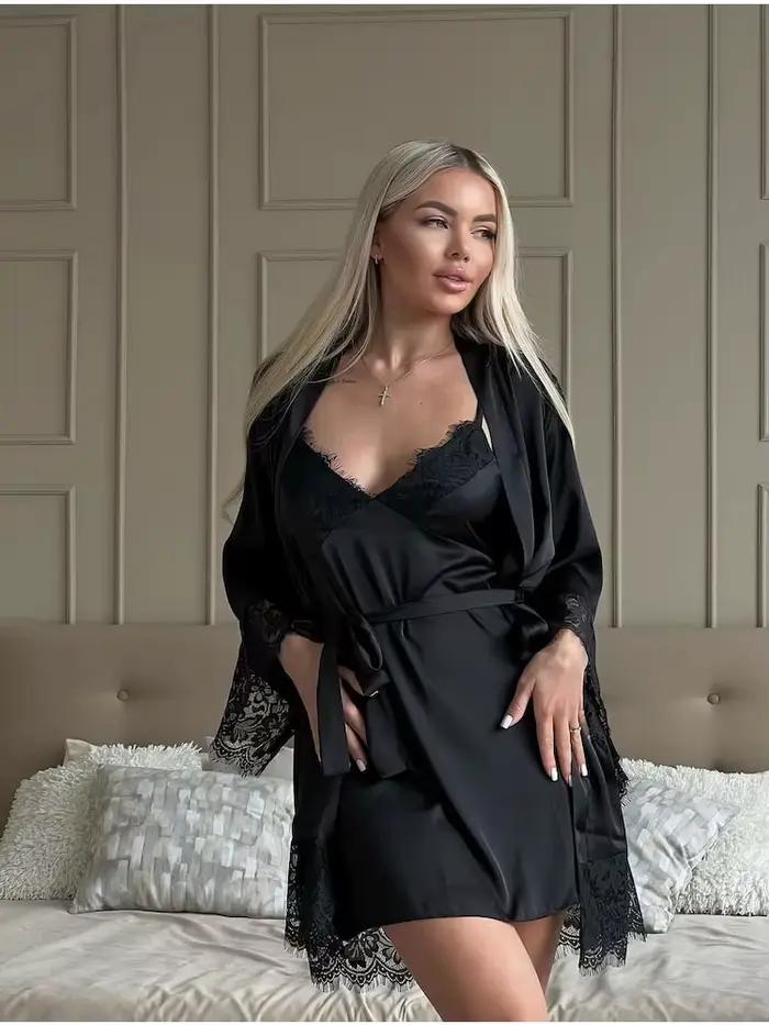 Robes de nuit sexy en dentelle noire pour femme, en soie satinée, élégantes pour les mariages, robes