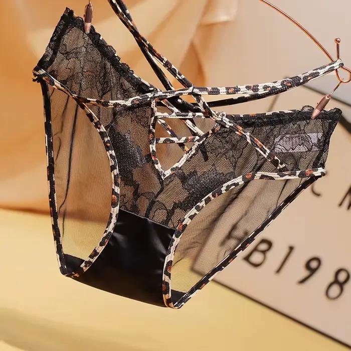 Slip français en dentelle pour femmes, ajouré, nu, respirant, imprimé léopard, taille, pur coton, en