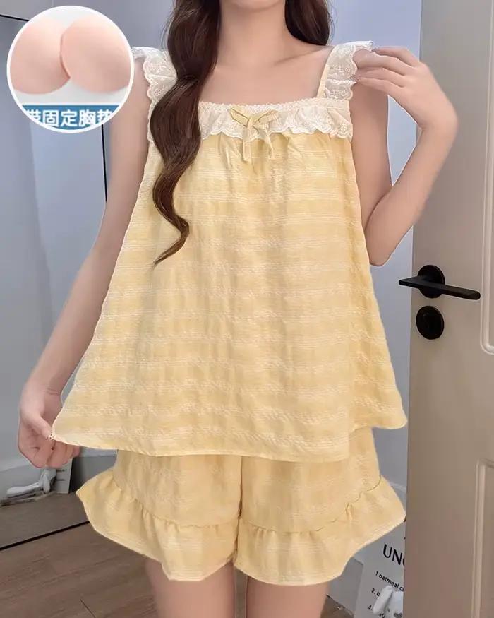 Pyjama style princesse pour femme, ensemble débardeur et short d'été avec soutien-gorge intégré, ten