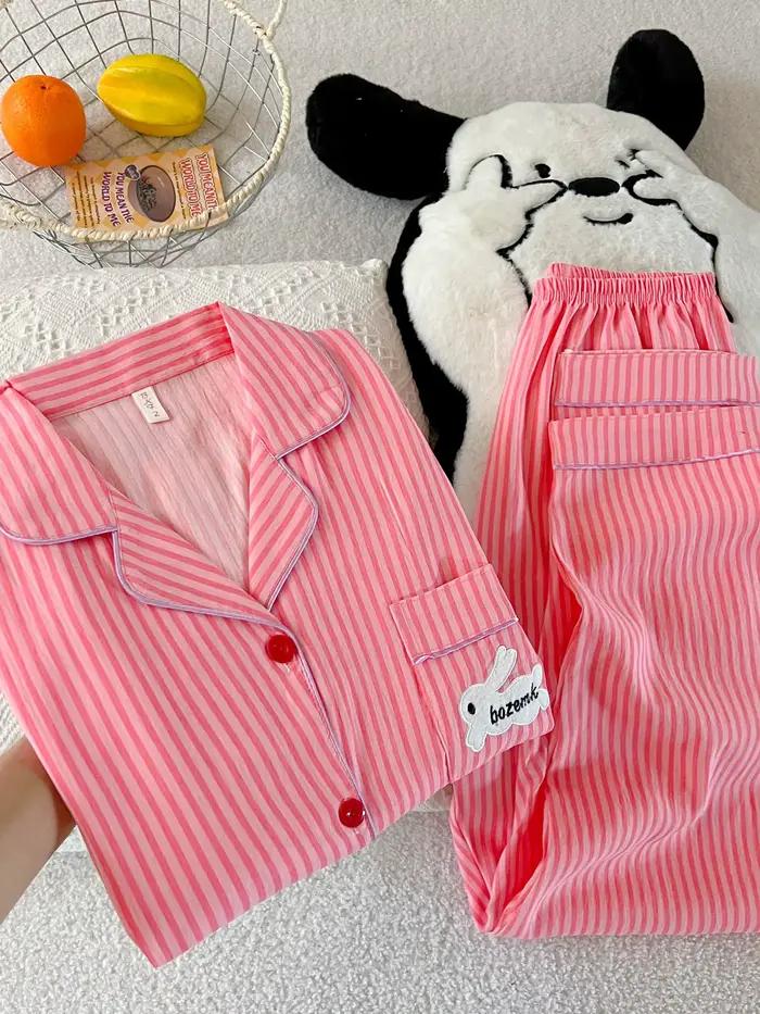 Ensemble pyjama lapin mignon Kawaii pour femmes, tissu doux, confortable, Plaid, vêtements de détent
