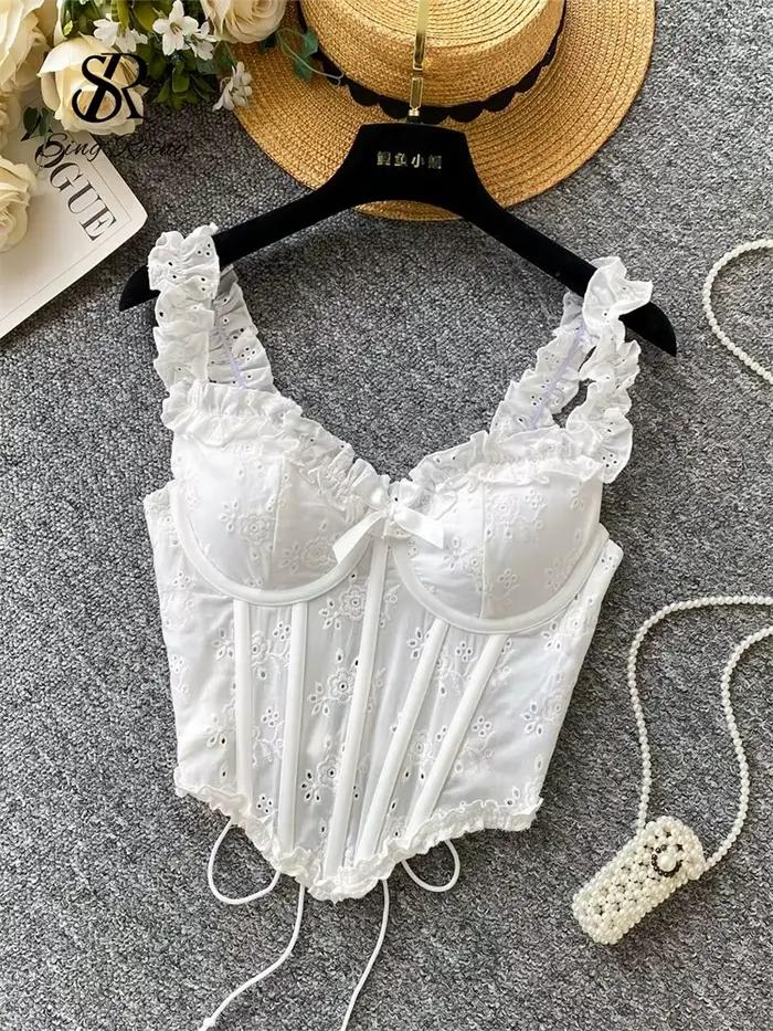 SINGREINY broderie florale Lingerie femmes sangle irrégulière Corset court débardeur sensuel françai
