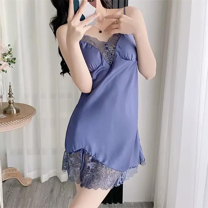 Femmes Satin chemise de nuit Sexy sans manches chemise de nuit femme dentelle col en v robe de nuit 