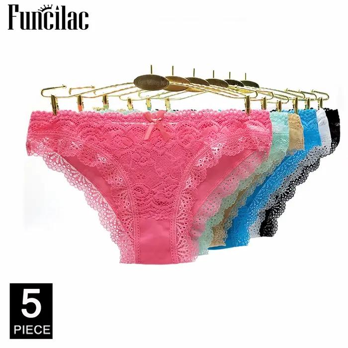 Culotte taille basse en coton pour femme, sous-vêtement sexy en dentelle sur le devant, 5 pièces/ens