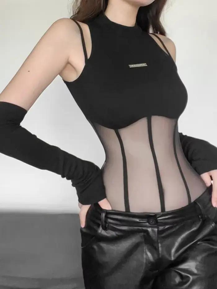 Body noir Lingerie Sexy corps Feminino voir à travers le haut Corset femmes Rave tenue maille Patchw