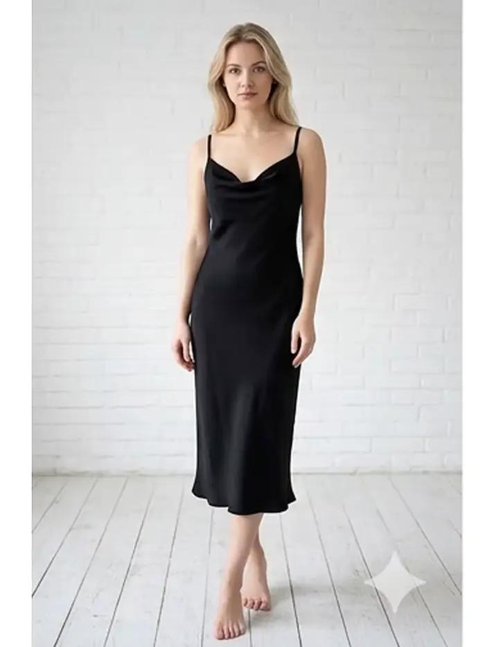 Robe de nuit longue noire en satin à col bénitier, lingerie de mariée, robe de nuit soyeuse pour lun
