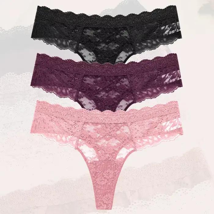 3 pièces dentelle Sexy tongs femmes taille basse slips Sexy doux dames sous-vêtements à la mode Flor