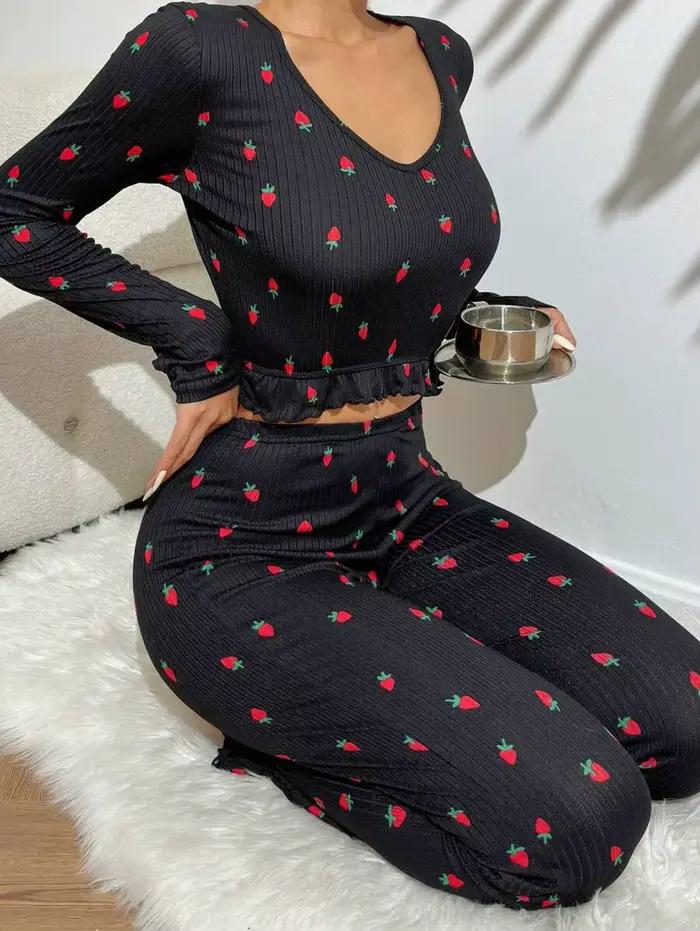 Pyjama décontracté pour femmes, vêtements de nuit Sexy, manches longues, col en v, imprimé, haut cou