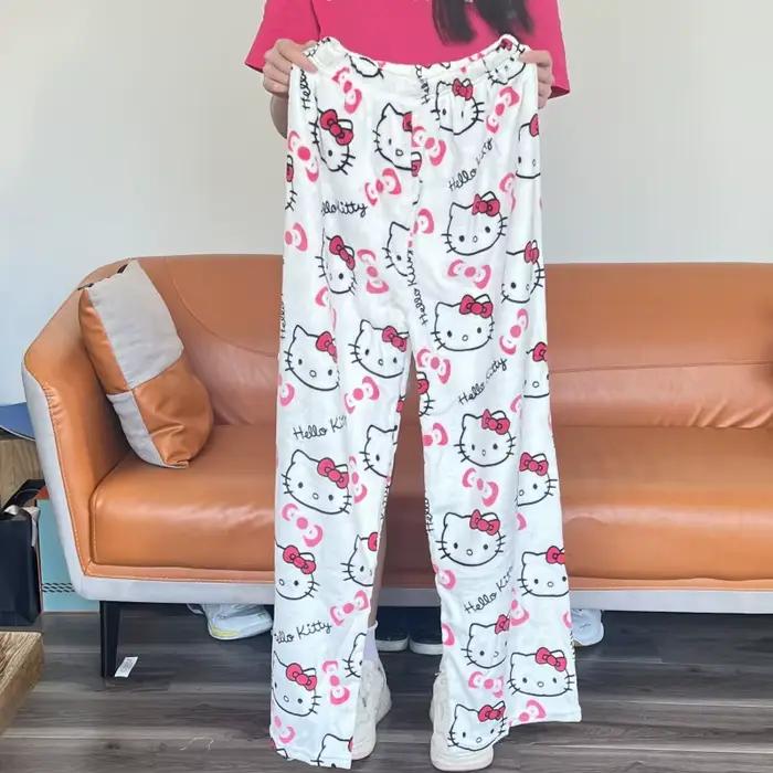 Pantalon de pyjama en flanelle Hello Kitty pour Halloween, imprimé citrouille, doux et confortable, 