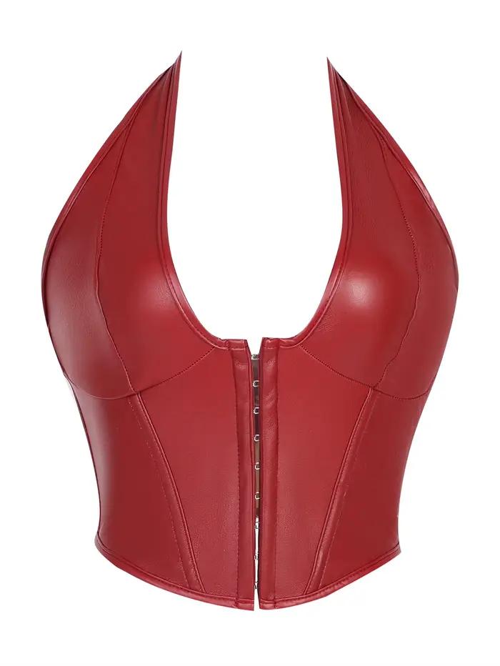 Corset en cuir noir, col montant, fermeture avant, bustier ajusté pour femme