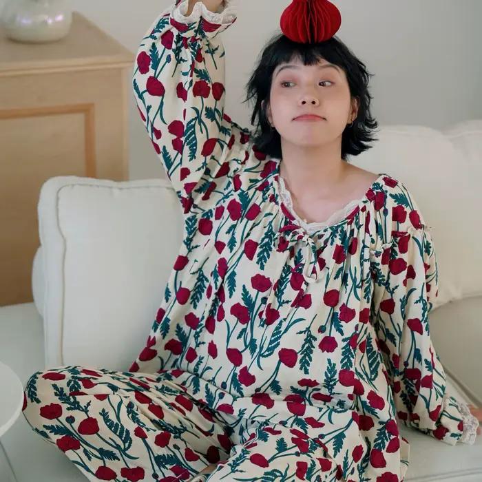 Pyjama en dentelle de qualité supérieure pour femmes, ensemble de vêtements de détente à manches lon