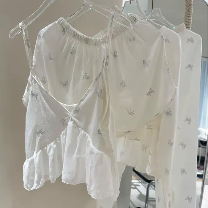 Ensemble pyjama 4 pièces pour femmes, vêtements de maison soyeux, chemise blanche papillon, short à 