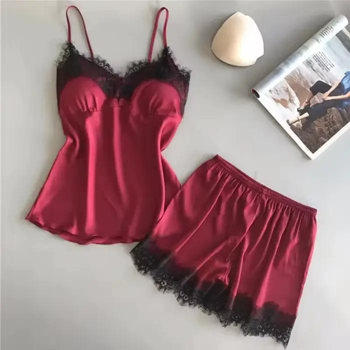 Femmes pyjama ensemble mode col en V Stretch Satin nuisette dentelle Sexy Lingerie nœud papillon che