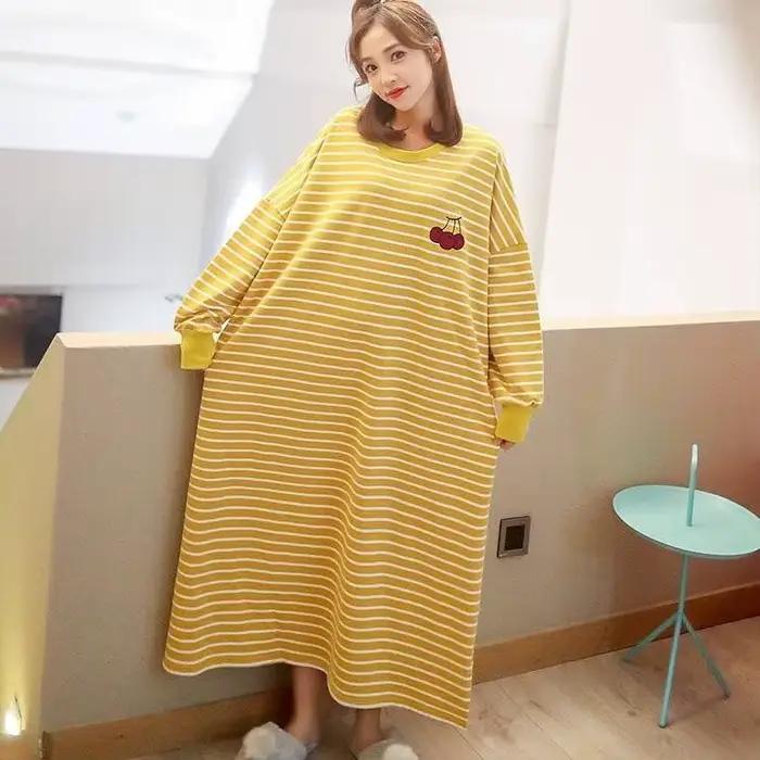 Chemise de nuit femme M-5XL automne manches longues rinçage longueur rayé Preppy mn adolescents Kawa