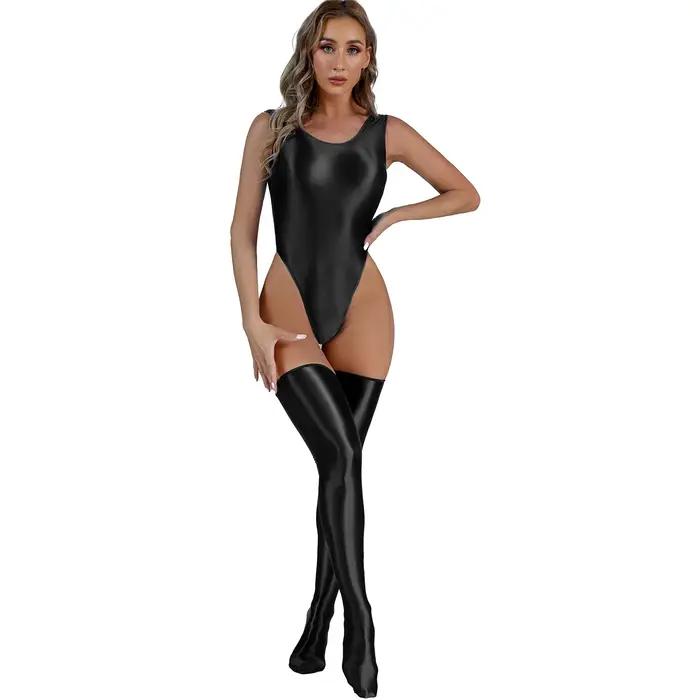 Body brillant pour femmes, col montant, sans manches, couleur unie, justaucorps, vêtements de plage,