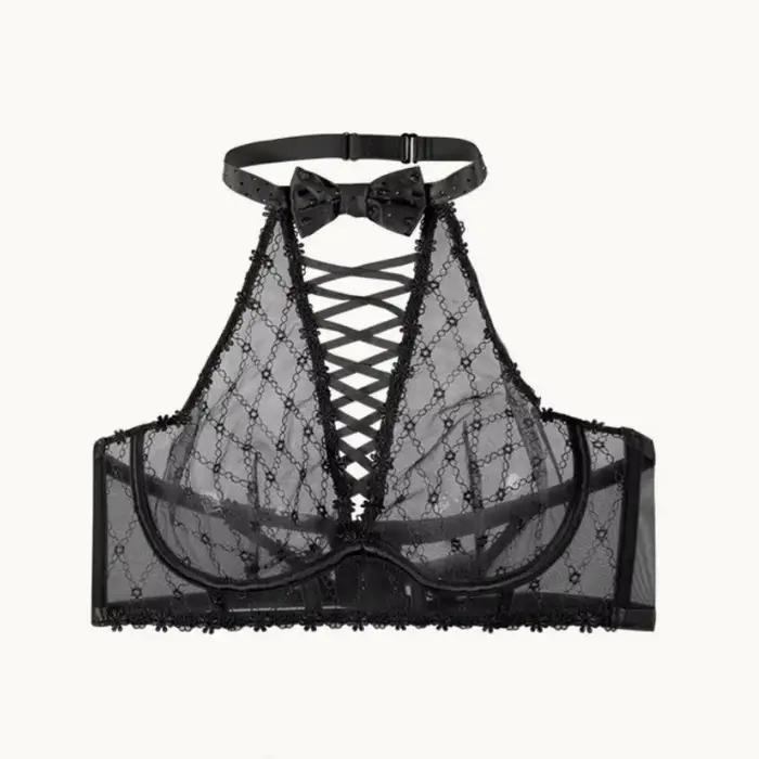 Soutien-gorge violet, nœud, motif diamant, strass, lacets, col haut, sous-vêtements à col rond