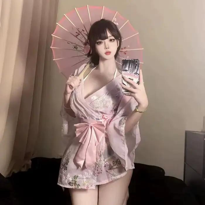 Nouvelle Robe de Nuit Kimono en Chiffon Imprimée et Brodé, Col en V Profond, Nœud Papillon, Séduisan