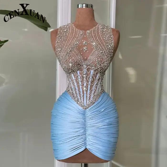 CENXUAN luxueux Mini col rond robes De Cocktail pour les femmes avec strass plissé robe De soirée ro