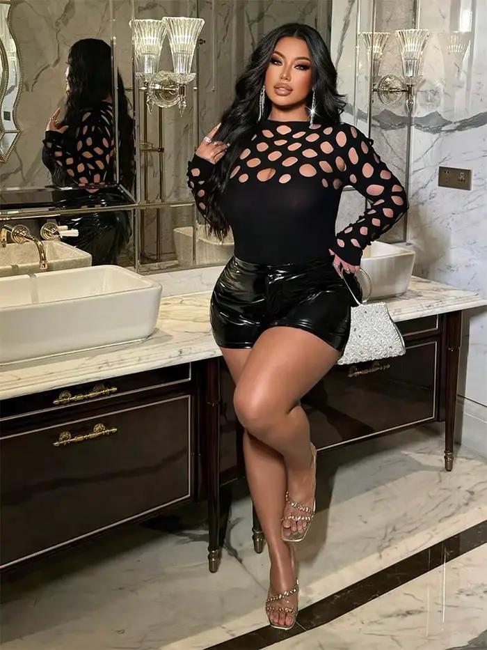Combinaison sexy pour femme, grande taille, en résille, moulante, couleur unie, manches longues, ten