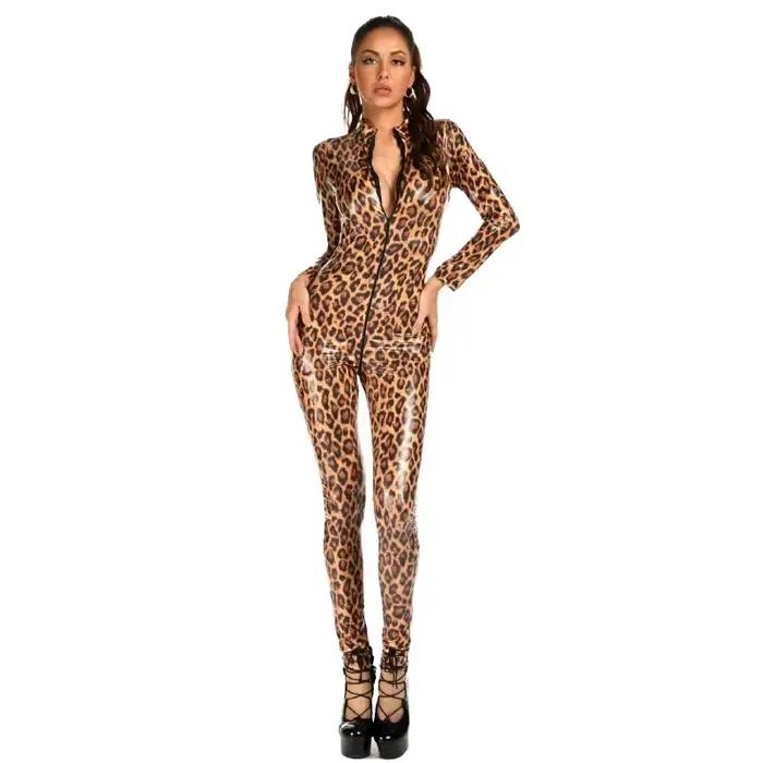 Combinaison moulante pour femme en cuir verni imprimé léopard, à manches longues et fermeture éclair