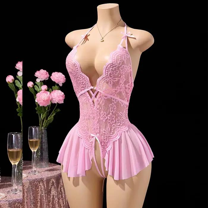 Lingerie Ultra Sexy audacieuse pour femmes, soutien-gorge à col en v, body rose, accessoires sans en