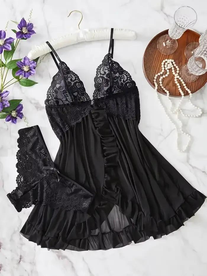 Femmes Chemise de nuit Sexy dentelle Chemise nœud Chemise de nuit vêtements de nuit solide mince rob