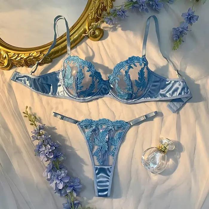 Ensemble de Lingerie Sexy pour adultes, sous-vêtements en maille Ultra fine bleu clair, ensembles de