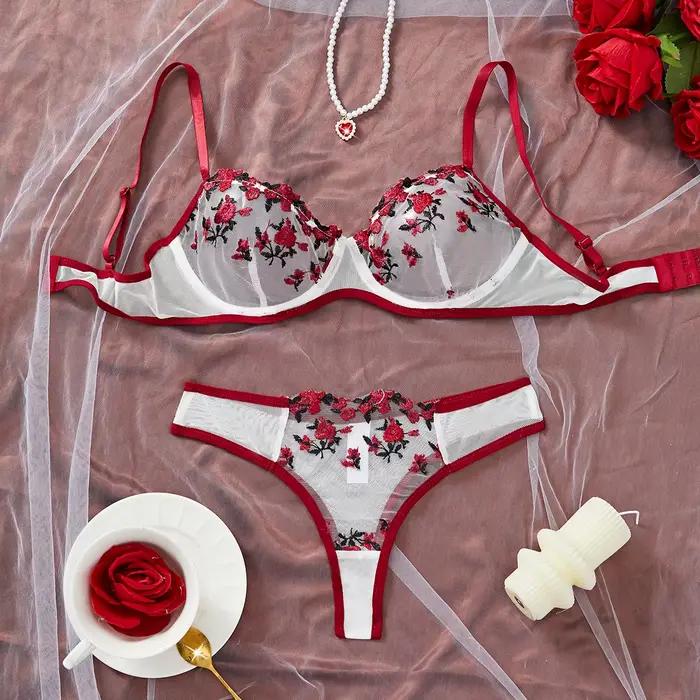 Ensemble de lingerie fantaisie en dentelle contrastée pour femme, 2 pièces, sous-vêtements brodés, m