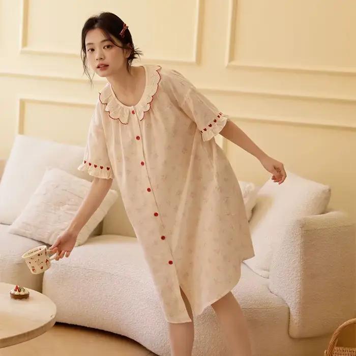 Chemise de nuit en gaze 100% coton, robe de nuit imprimée, col à volants, boutonnée sur le devant, v