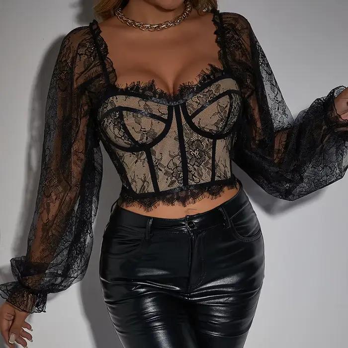 Corset en dentelle et maille pour femmes, débardeur à manches longues, haut court Sexy, mode de rue,