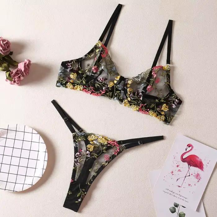 Ensemble soutien-gorge et culotte pour femme, dentelle brodée florale, lingerie sexy transparente à 