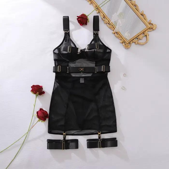 Ensemble de lingerie sexy 4 pièces en résille transparente avec soutien-gorge à armatures, mini-jupe