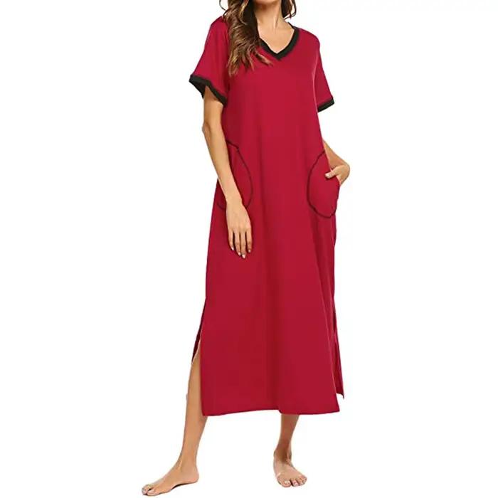 Robe de nuit pour femmes, manches courtes, Ultra douce, col rond, fente latérale, avec poches, 2026