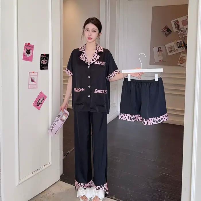 Pyjama léopard pour femmes, ensemble trois pièces, vêtements de détente, chemise à manches courtes, 