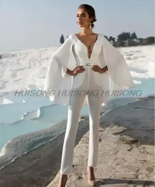 Combinaison robes De mariée cape en mousseline De soie Appliques Boho dos nu robe De mariée robe De 