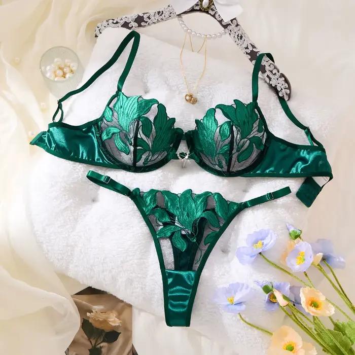 Ensemble de lingerie en dentelle brodée florale de style français vert, soutien-gorge sexy et doux a