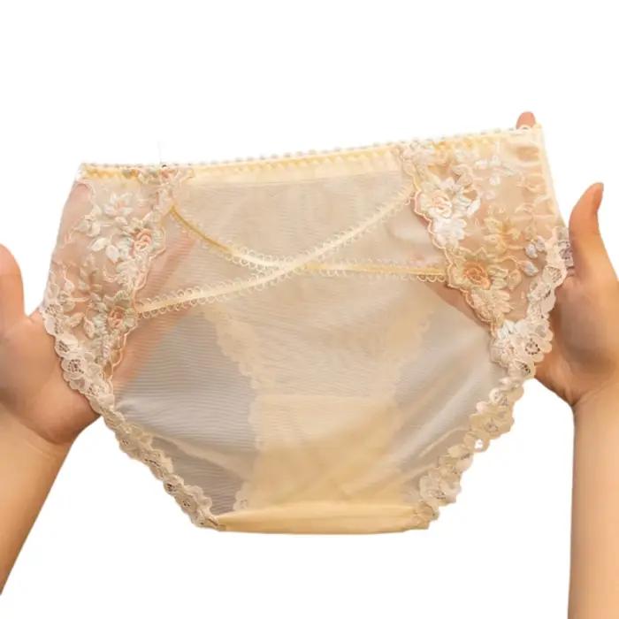 Culotte transparente en maille pour femme, broderie florale, respirante, en dentelle, culotte évidée
