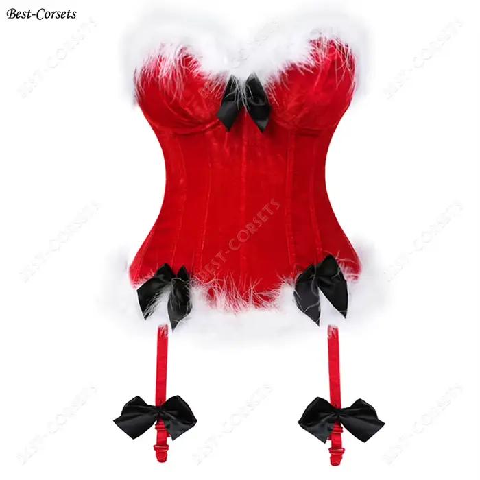 Hauts Corset rouge pour femmes, Corset de noël avec plumes, Costume de père noël, surbuste Sexy de c