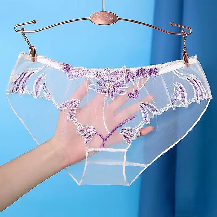 Culottes sexy pour femmes, broderie florale, taille basse, lingerie en dentelle ultra-fine, respiran