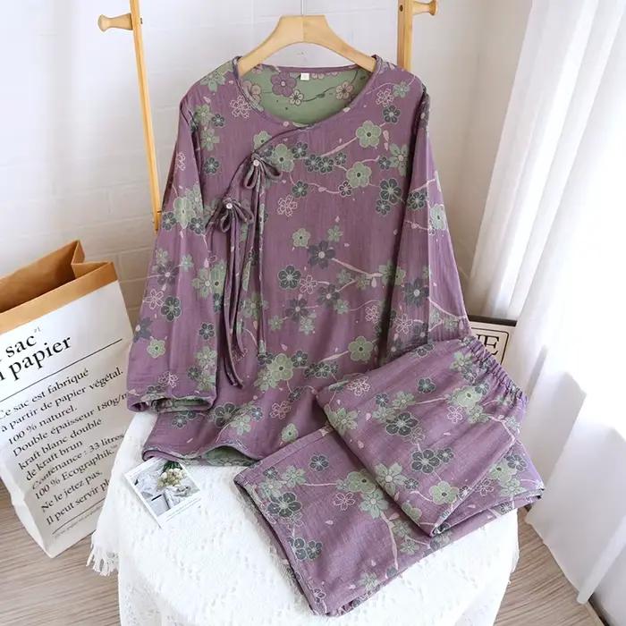 100% Cotton Night Wears For Women Nightie Print Sleepwear Pajamas Set Spring Autumn Long Sleeve Wome