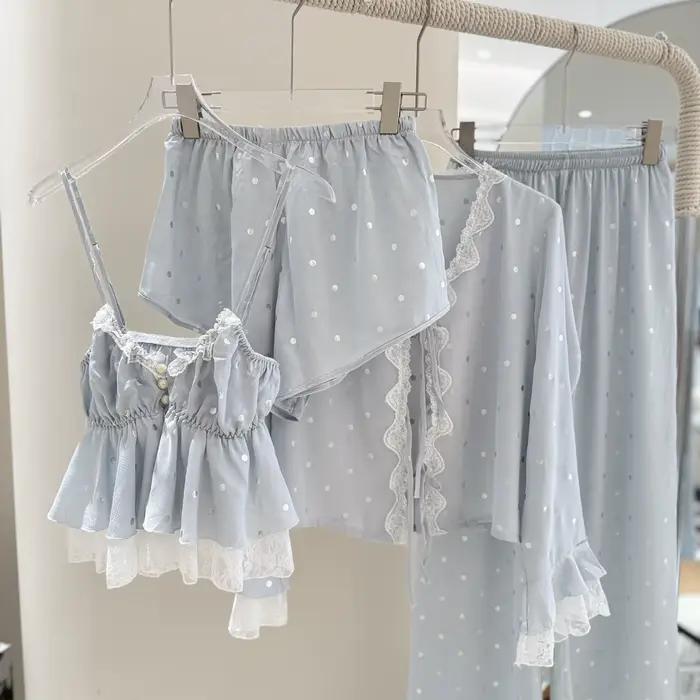 Robe d'été pyjama quatre pièces costume Sexy dentelle jarretelle chemise de nuit Lingerie soyeux Sat